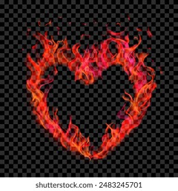Translucent red burning flames in the shape of a heart on transparent background. For used on dark illustrations. Transparency only in vector format