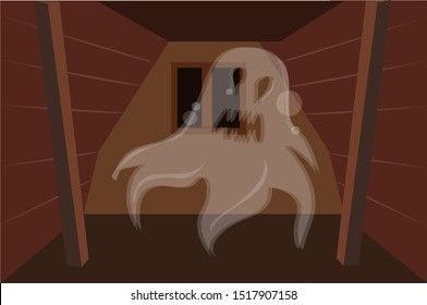 A translucent shape of a scary ghost as if crying appears in a darkened empty room . Editable Clip Art.