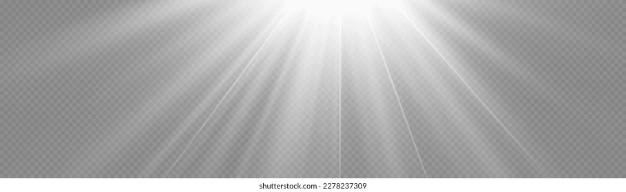 Translucent shine sun, bright flare. Sun flash with rays and spotlight. Star burst with sparkles. Sunlight glowing png effect. White beam sunrays on transparent background. Vector illustration.