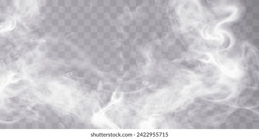 Translucent smoke isolated on a transparent background. Steam effect special effect. Vector texture of steam, fog, cloud, smoke.	