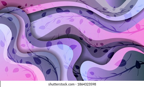 translucent, smoothly curved branches with leaves on a background of overlapping textured pink-purple-gray abstract shapes with wavy edges. beautiful wallpaper. vector