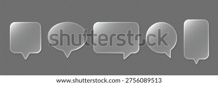 Translucent speech bubble set, frosted glass chat message shapes, transparent background. UI, messenger, app, social media, website comment interface, sticker design. Vector illustration