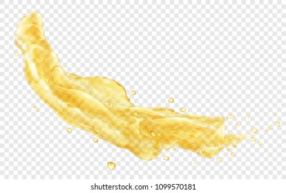 Translucent splash or jet of water with drops in yellow colors, isolated on transparent background. Transparency only in vector file