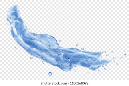 Translucent splash or jet of water with drops in blue colors, isolated on transparent background. Transparency only in vector file