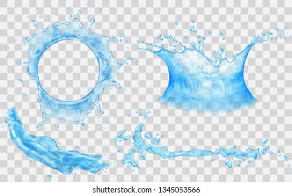 Translucent splashes and water crown with drops - top and side view. In light blue colors, isolated on transparent backdrop. Transparency only in vector file