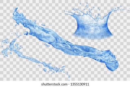 Translucent splashes and water crown with drops - side view. In blue colors, isolated on transparent backdrop. Transparency only in vector file