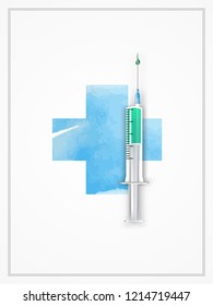 Translucent syringe isolated with needle and liquid. Turquoise serum vaccine in disposable syringe. Realistic vector syringes with colored drug. Concept medicine, injections, vaccination