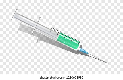 Translucent syringe with needle and liquid isolated on transparent background. Turquoise serum vaccine in disposable syringe. Realistic vector syringes with colored drug