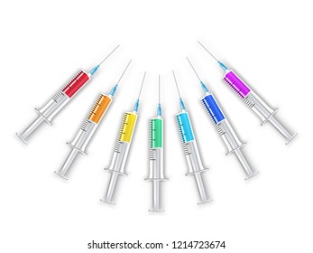 Translucent syringes with needle and with liquid serum isolated on transparent background. Syringe vector set. Seven syringes with bright vaccine. Rainbow serum vaccine in disposable syringe