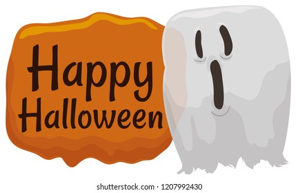 Translucent wailing ghost with a howling expression in its face over greeting sign, wishing you a Happy Halloween.