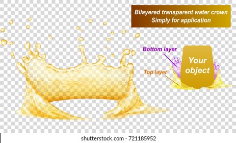 Translucent water crown consist of two layers: top and bottom. Splash in yellow colors, isolated on transparent background. Transparency only in vector file