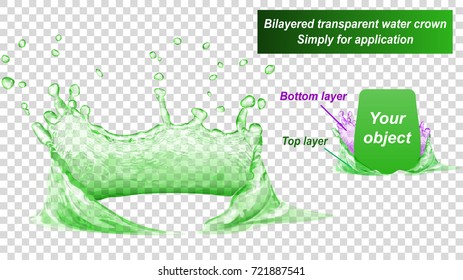 Translucent water crown consist of two layers: top and bottom. Splash in green colors, isolated on transparent background. Transparency only in vector file