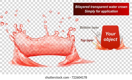 Translucent water crown consist of two layers: top and bottom. Splash in red colors, isolated on transparent background. Transparency only in vector file