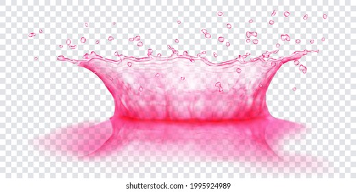 Translucent water crown with drops and reflection. Splash in pink colors, isolated on transparent background. Transparency only in vector file