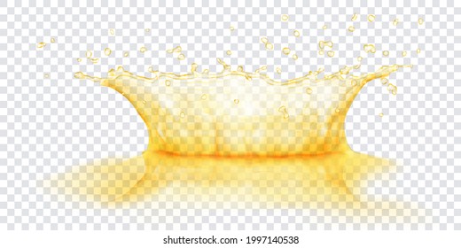 Translucent water crown with drops and reflection. Splash in yellow colors, isolated on transparent background. Transparency only in vector file