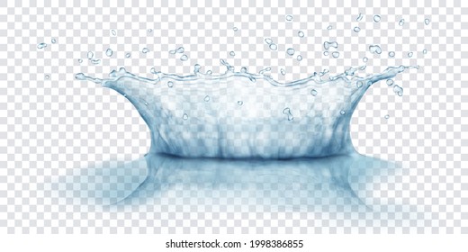 Translucent water crown with drops and reflection. Splash in gray colors, isolated on transparent background. Transparency only in vector file