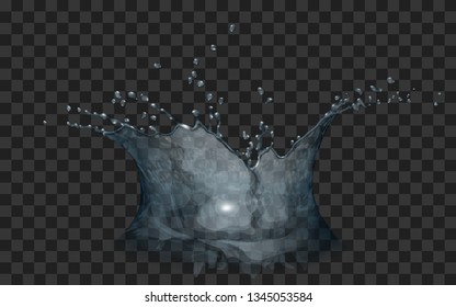 Translucent water crown with drops. Splash in light blue colors, isolated on transparent backdrop. For used on dark backgrounds. Transparency only in vector file