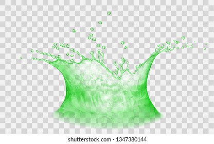 Translucent water crown with drops. Splash in green colors, isolated on transparent backdrop. For used on light backgrounds. Transparency only in vector file