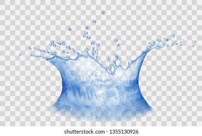 Translucent water crown with drops. Splash in blue colors, isolated on transparent backdrop. For used on light backgrounds. Transparency only in vector file