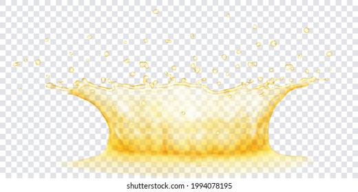 Corona de agua translúcida con gotas. Splash en colores amarillos, aislado en fondo transparente. Transparencia sólo en archivo vectorial