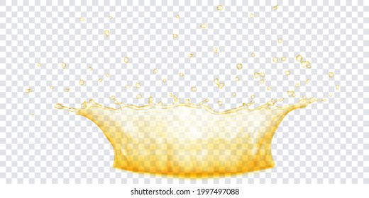Corona de agua translúcida con gotas. Splash en colores amarillos, aislado en fondo transparente. Transparencia sólo en archivo vectorial