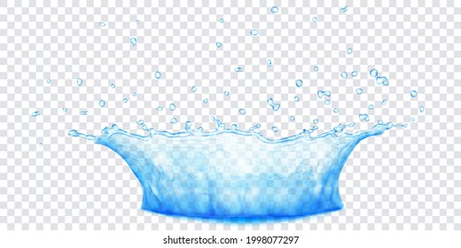 Translucent water crown with drops. Splash in light blue colors, isolated on transparent background. Transparency only in vector file