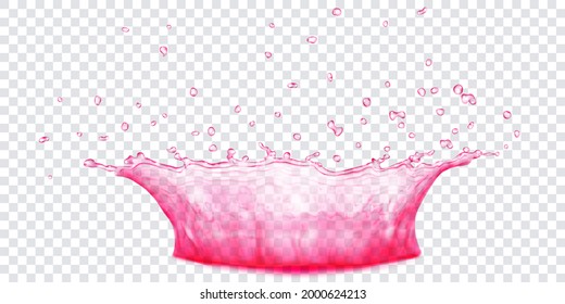 Translucent water crown with drops. Splash in pink colors, isolated on transparent background. Transparency only in vector file