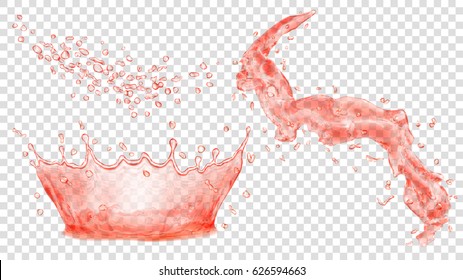 Translucent Water Crown, Splash And Set Of Drops In Red Colors, Isolated On Transparent Background. Transparency Only In Vector File