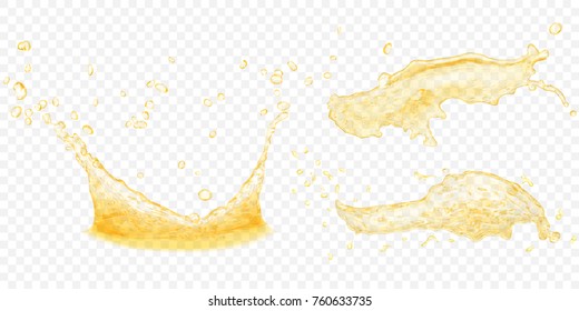 Translucent water crown and splashes with drops in yellow colors, isolated on transparent background. Transparency only in vector file