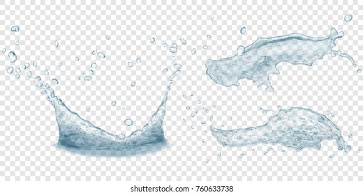 Translucent water crown and splashes with drops in gray colors, isolated on transparent background. Transparency only in vector file