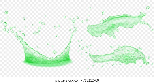 Translucent water crown and splashes with drops in green colors, isolated on transparent background. Transparency only in vector file