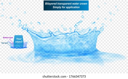 Translucent water crown of two layers - top and bottom. Splash in light blue colors with drops and reflection, isolated on transparent backdrop. Transparency only in vector file