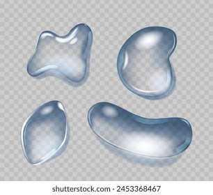 Translucent Water Droplets, Dews Or Tears Isolated 3d Vector Graphics. Blue Flowing Aqua Bubbles Or Droplets