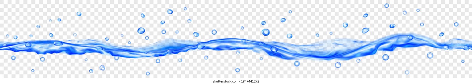Translucent water with drops in blue colors with seamless horizontal repetition, isolated on transparent background. Transparency only in vector file