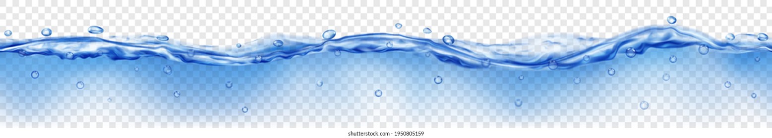 Translucent water with drops in blue colors with seamless horizontal repetition, isolated on transparent background. Transparency only in vector file