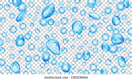 Translucent water drops and bubbles of different shapes in light blue colors on transparent background. Transparency only in vector format