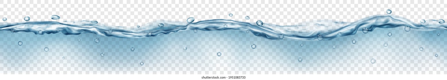 Translucent water with drops in gray colors with seamless horizontal repetition, isolated on transparent background. Transparency only in vector file