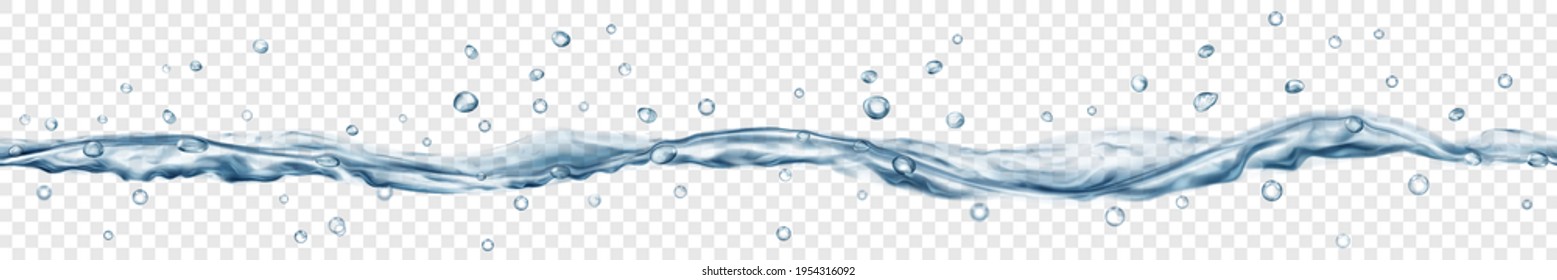 Translucent water with drops in gray colors with seamless horizontal repetition, isolated on transparent background. Transparency only in vector file