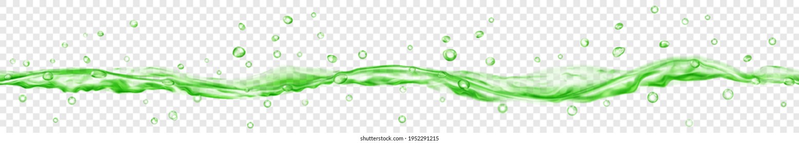 Translucent water with drops in green colors with seamless horizontal repetition, isolated on transparent background. Transparency only in vector file