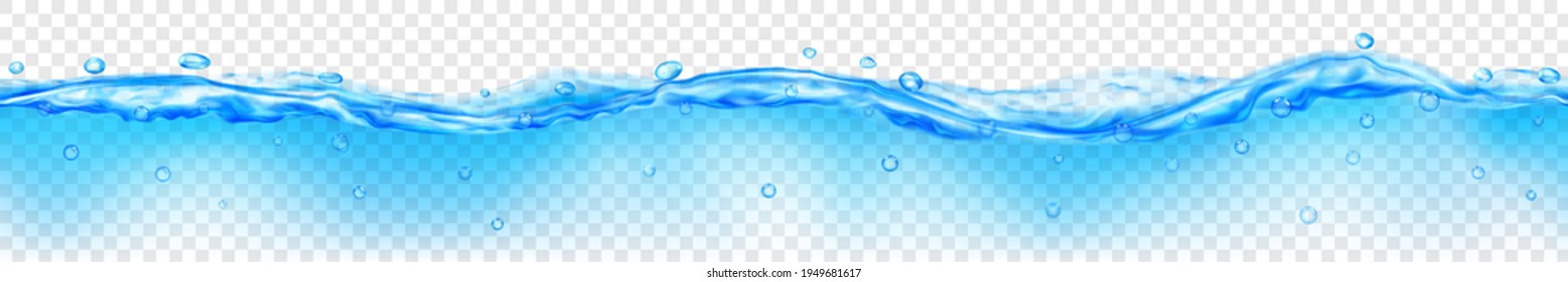 Translucent water with drops in light blue colors with seamless horizontal repetition, isolated on transparent background. Transparency only in vector file