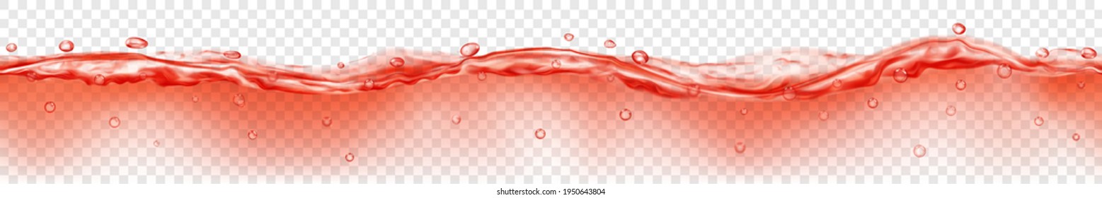 Translucent water with drops in red colors with seamless horizontal repetition, isolated on transparent background. Transparency only in vector file