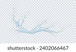 Translucent water flow with drops realistic vector illustration. Liquid splashing with bubbles 3d element on transparent mesh background