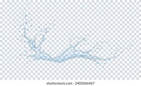 Translucent water flow with drops realistic vector illustration. Liquid splashing with bubbles 3d element on transparent mesh background