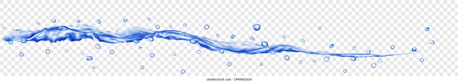 Translucent water jet with drops in blue colors, isolated on transparent background. Transparency only in vector file