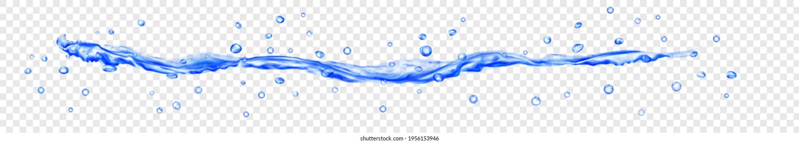 Translucent water jet with drops in blue colors, isolated on transparent background. Transparency only in vector file