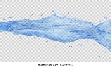 Translucent water jet with drops in blue colors, isolated on transparent background. Transparency only in vector file