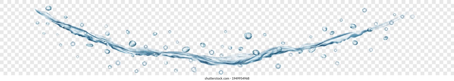 Translucent water jet with drops in gray colors, isolated on transparent background. Transparency only in vector file