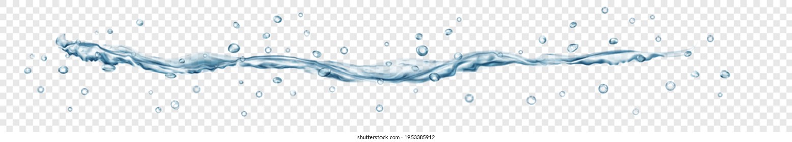 Translucent water jet with drops in gray colors, isolated on transparent background. Transparency only in vector file