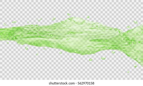 Translucent water jet with drops in green colors, isolated on transparent background. Transparency only in vector file.