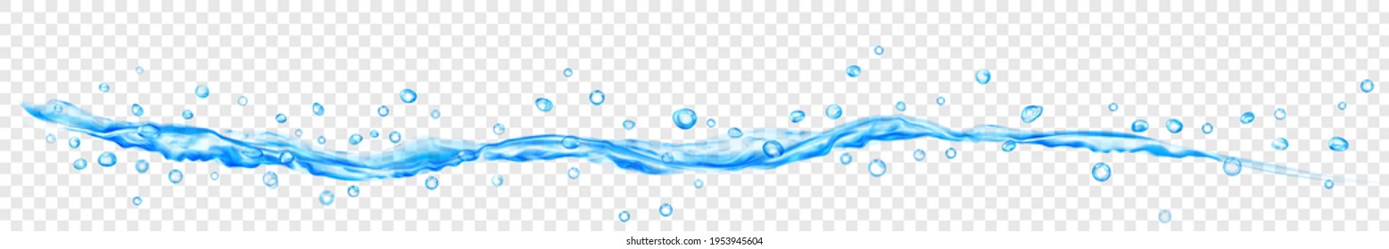 Translucent water jet with drops in light blue colors, isolated on transparent background. Transparency only in vector file